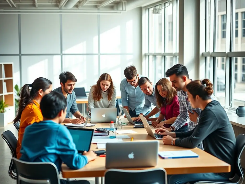 A diverse group of Echelon Preparatory students are collaborating on a project in a modern, tech-equipped classroom, showcasing teamwork and innovative problem-solving.