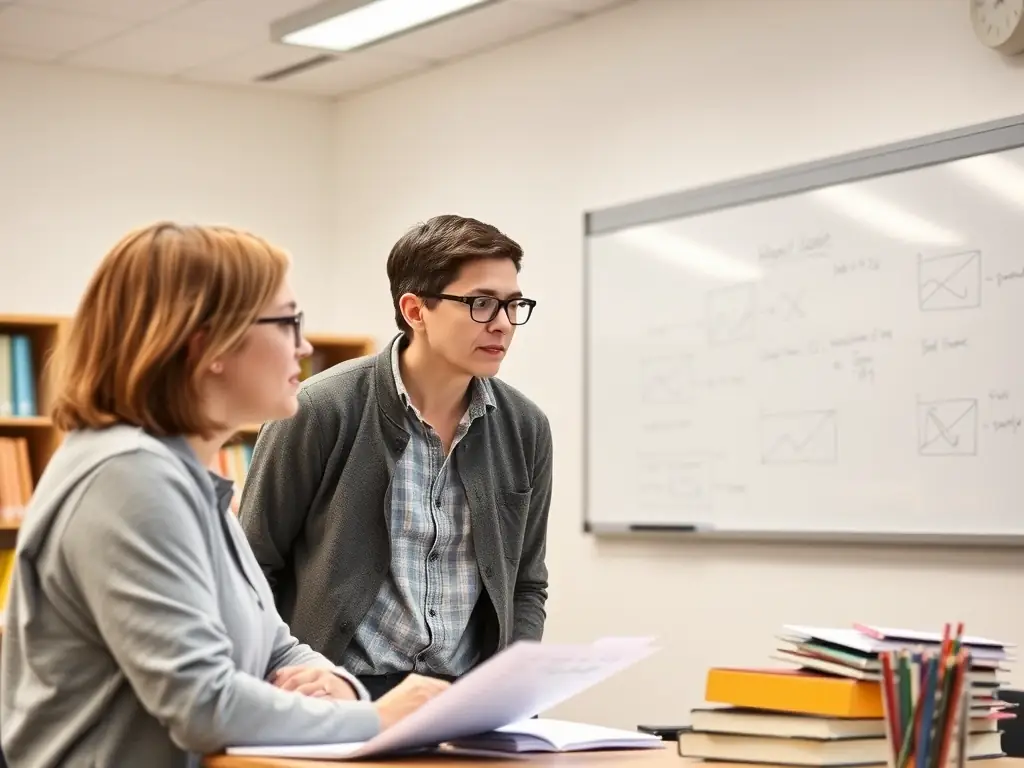 An Echelon Preparatory mentor is guiding a student through a complex problem, emphasizing critical thinking and real-world application of knowledge.