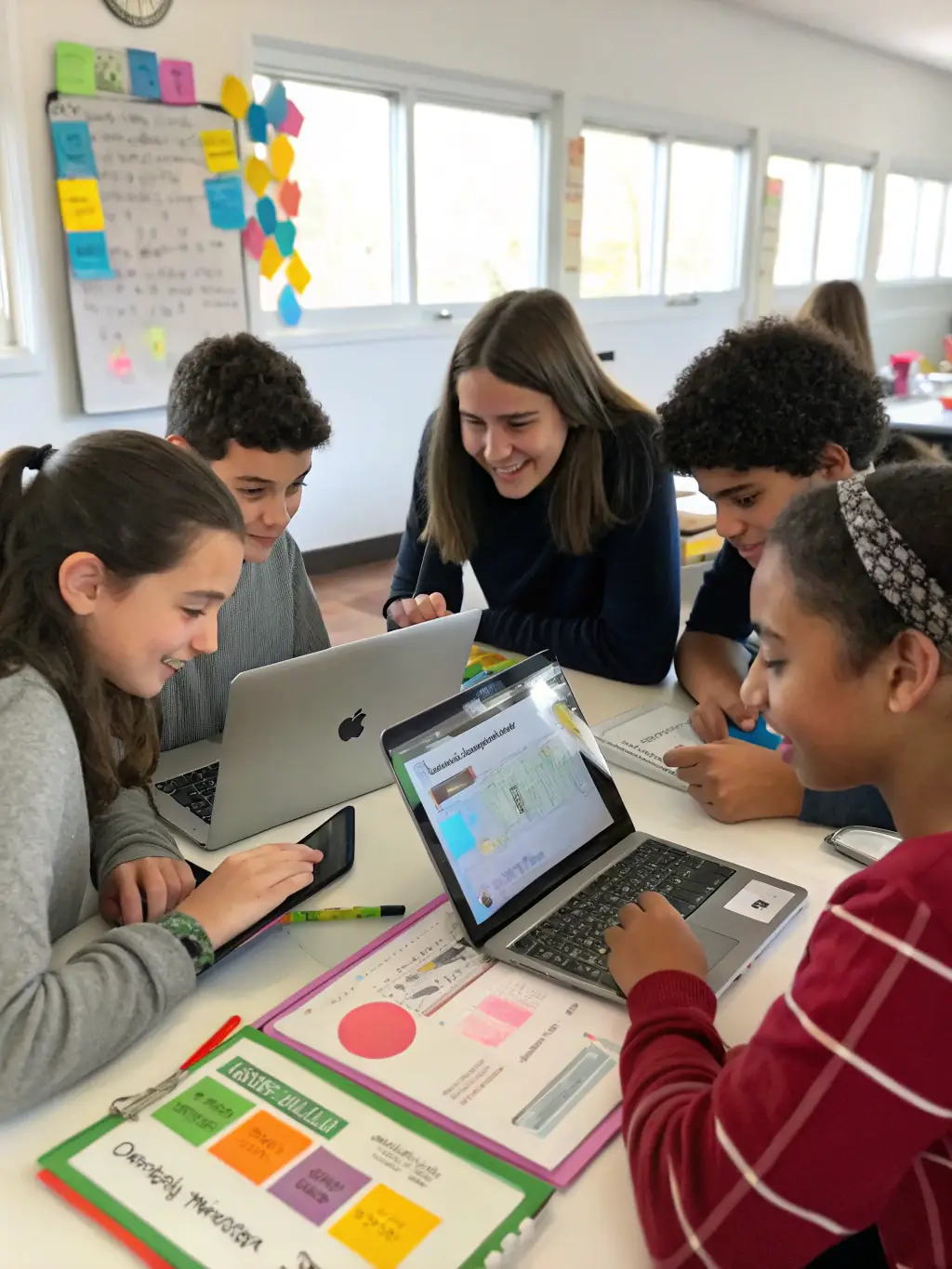 A photograph of students from Echelon Preparatory collaborating with students from Holston Academy on a joint project, showcasing teamwork and shared learning experiences.